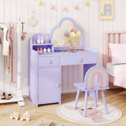 Gymax Vanity Table & Chair Cloud-shaped Makeup Desk Set With Mirror Cabinet in Purple - thumbnail 2