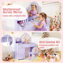 Gymax Vanity Table & Chair Cloud-shaped Makeup Desk Set With Mirror Cabinet in Purple - thumbnail 5