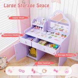 Gymax Vanity Table & Chair Cloud-shaped Makeup Desk Set With Mirror Cabinet in Purple - thumbnail 4