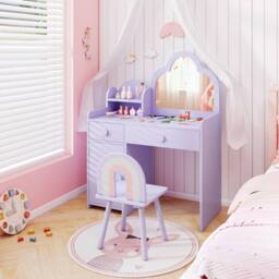 Gymax Vanity Table & Chair Cloud-shaped Makeup Desk Set With Mirror Cabinet in Purple - thumbnail 7
