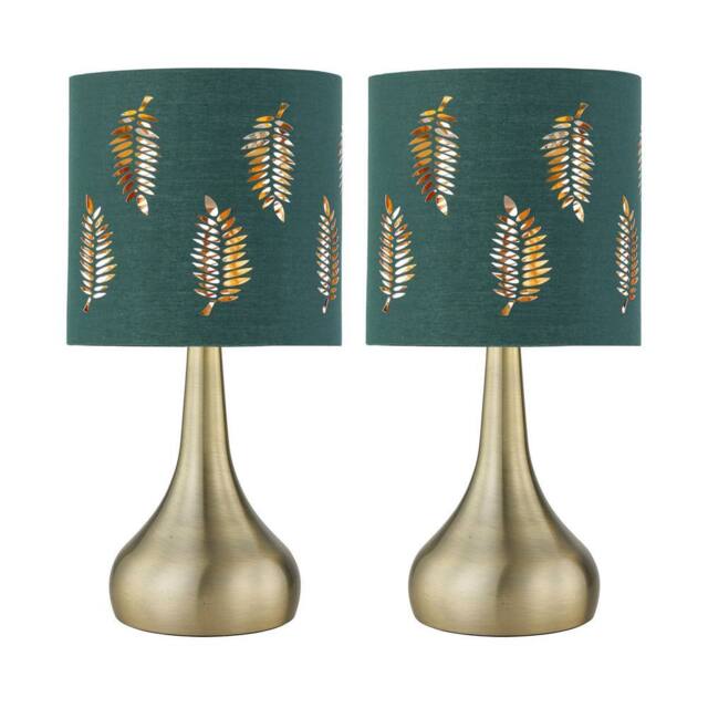 First Choice Lighting Set of 2 Romana - Antique Brass Touch Table Lamps Green Fern Shades in Bronze - image 1