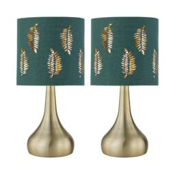 First Choice Lighting Set of 2 Romana - Antique Brass Touch Table Lamps Green Fern Shades in Bronze