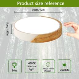 Goeco LED Wooden Ceiling Light, 30W, 30cm, 4500K, Round Ceiling Light in White - thumbnail 6