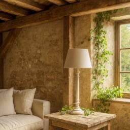 Wyld Haus Baronnies Cream Wooden Pedestal Table Lamp with Tapered Linen Shade in Grey - thumbnail 1