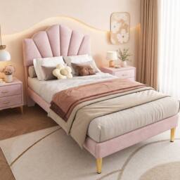 STILVORA Bed Frame 3ft Single with upholstered headboard pink velvet - thumbnail 1