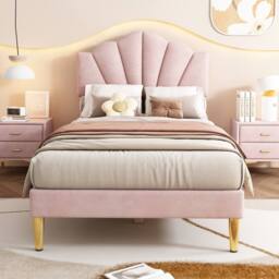 STILVORA Bed Frame 3ft Single with upholstered headboard pink velvet - thumbnail 2