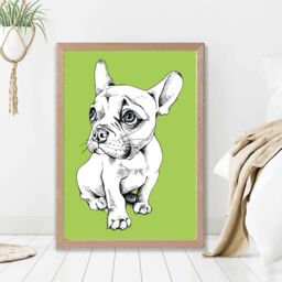 ARTZE Sketch French Bulldog on Bright Green Framed Print SIZE: A3 with Oak Frame - thumbnail 2