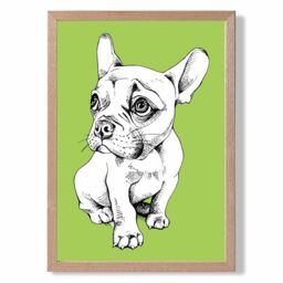 ARTZE Sketch French Bulldog on Bright Green Framed Print SIZE: A3 with Oak Frame