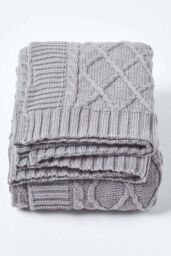 Homescapes Diamond Cable Knit Cotton Throw in Grey - Size: 150 cm x 200 cm - thumbnail 2