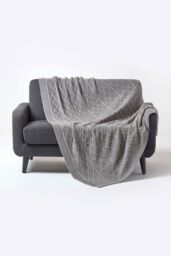 Homescapes Diamond Cable Knit Cotton Throw in Grey - Size: 150 cm x 200 cm - thumbnail 1