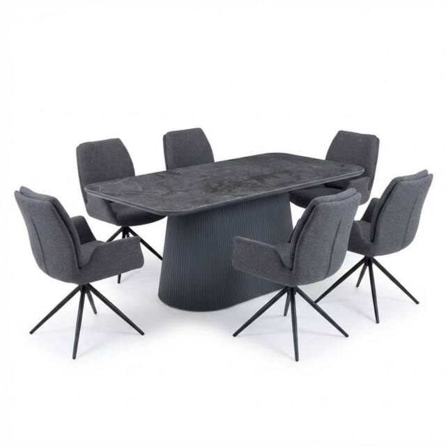 HOME LUXE INTERIOR Davos 180cm Grey Ceramic Oval Table & 6 Fairmont Grey Swivel Chairs - image 1