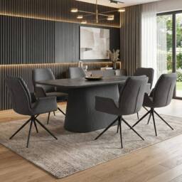 HOME LUXE INTERIOR Davos 180cm Grey Ceramic Oval Table & 6 Fairmont Grey Swivel Chairs - thumbnail 3