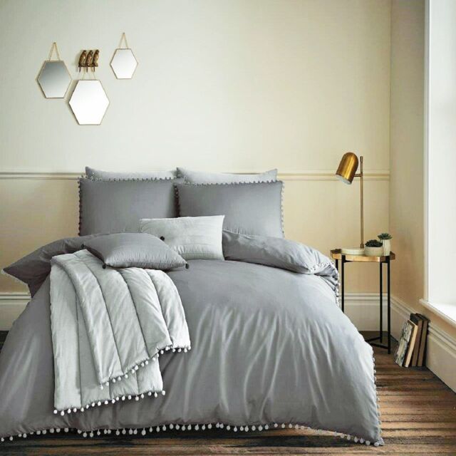 Smart Living Premium Polycotton Pom Pom Duvet Cover With Pillowcases in Charcoal - Size: Double - image 1