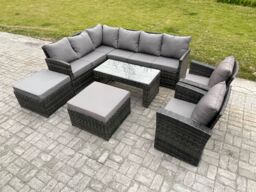 Fimous Rattan Garden Furniture Sets High Back Corner Sofa Oblong Coffee Table Set with 2 Big Footstool 2 Armchairs Dark Grey Mixed - thumbnail 1