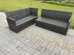 Fimous Rattan Garden Furniture Sets High Back Corner Sofa Oblong Coffee Table Set with 2 Big Footstool 2 Armchairs Dark Grey Mixed - thumbnail 4