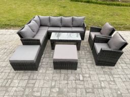 Fimous Rattan Garden Furniture Sets High Back Corner Sofa Oblong Coffee Table Set with 2 Big Footstool 2 Armchairs Dark Grey Mixed - thumbnail 2