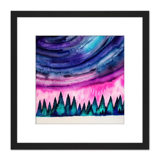 Artery8 Bold Bright Northern Lights Aurora Borealis Colourful Pine Forest Scene Square Wooden Framed Wall Art Print Picture 8X8 Inch in Black - image 1