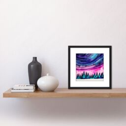 Artery8 Bold Bright Northern Lights Aurora Borealis Colourful Pine Forest Scene Square Wooden Framed Wall Art Print Picture 8X8 Inch in Black - thumbnail 2