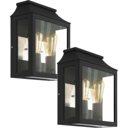 Loops 2 PACK IP44 Outdoor Wall Light Black Aluminium Glass Box 60W E27 Porch Lamp - thumbnail 1