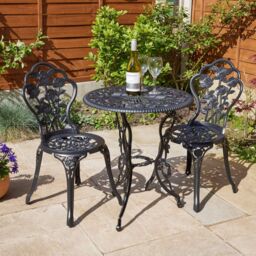 Home Source Bistro Set Outdoor Patio Garden Round Table & 2 Chairs Metal Frame in Black - thumbnail 2