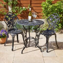 Home Source Bistro Set Outdoor Patio Garden Round Table & 2 Chairs Metal Frame in Black - thumbnail 3