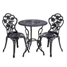 Home Source Bistro Set Outdoor Patio Garden Round Table & 2 Chairs Metal Frame in Black - thumbnail 8