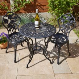 Home Source Bistro Set Outdoor Patio Garden Round Table & 2 Chairs Metal Frame in Black - thumbnail 1