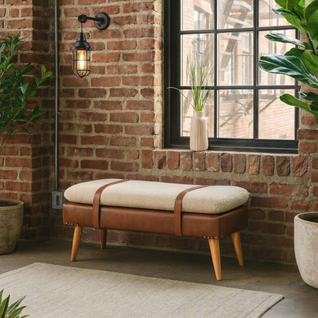 Wyld Haus Alghero Bouclé Bench Buffalo Leather Strap Natural Yarn Oak Legs in Brown - image 1