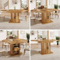 BTM Extendable Dining Table Round to Oval Storage Drawers Table in Brown