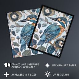 "Artery8 Kingfisher Bird Wildflowers Artwork Blue Floral Wall Art Print - Size: W24"" x H32""" - thumbnail 2