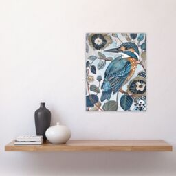 "Artery8 Kingfisher Bird Wildflowers Artwork Blue Floral Wall Art Print - Size: W24"" x H32""" - thumbnail 4