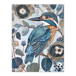"Artery8 Kingfisher Bird Wildflowers Artwork Blue Floral Wall Art Print - Size: W24"" x H32""" - thumbnail 1