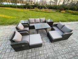 Fimous Outdoor Rattan Garden Furniture Set 9 Seater Patio Lounge Sofa Set with Dining Table 2 Big Footstool 2 Side Tables Dark Grey Mixed - thumbnail 2