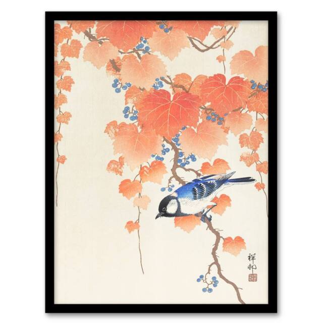 Artery8 Ohara Koson Framed Wall Art Print Great Tit On Paulownia Branch in Orange - Size: A4 - image 1