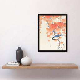 Artery8 Ohara Koson Framed Wall Art Print Great Tit On Paulownia Branch in Orange - Size: A4 - thumbnail 2