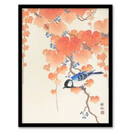 Artery8 Ohara Koson Framed Wall Art Print Great Tit On Paulownia Branch in Orange - Size: A4 - thumbnail 1