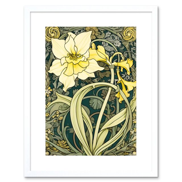 "Artery8 Wall Art Print Yellow Daffodil Flower Watercolour Art Nouveau Artwork Framed 9X7 Inch in White - Size: W7"" x H9""" - image 1