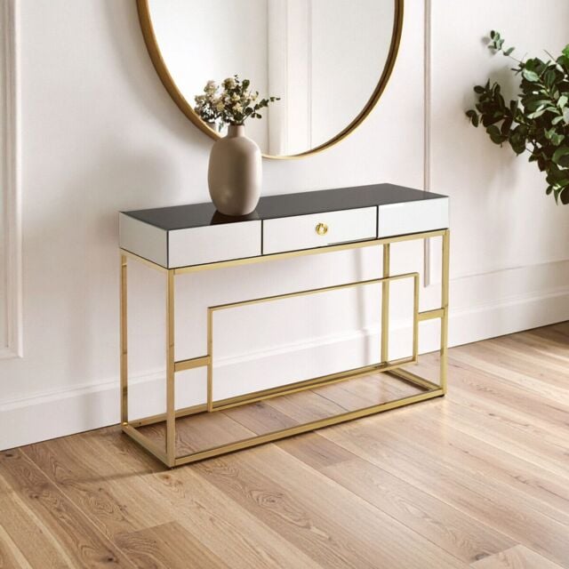 Orsina Vintage Design Console Table, Spacious Lounge Table With Black Mirrored Top, Reflective Gold Finish Table - image 1