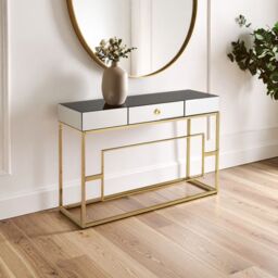 Orsina Vintage Design Console Table, Spacious Lounge Table With Black Mirrored Top, Reflective Gold Finish Table