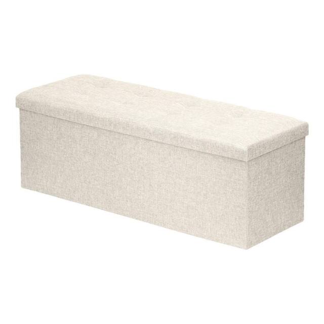 Harbour Housewares Large Foldable Storage Ottoman Bench Linen Finish - 111 x 37 x 39cm in Cream - Size: 111 x 37 x 39 cm - image 1