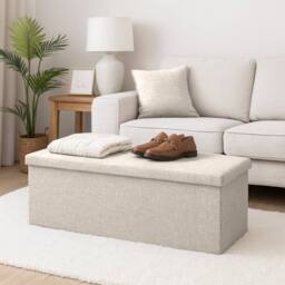 Harbour Housewares Large Foldable Storage Ottoman Bench Linen Finish - 111 x 37 x 39cm in Cream - Size: 111 x 37 x 39 cm - thumbnail 6