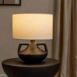 ValueLights Zoe Linen Drum Lamp Shade Matte Black Ceramic Vase Table Lamp with LED Bulb