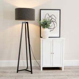 ValueLights Lottie Black Wood Tripod Floor Lamp with Boucle Drum Shade in Charcoal - thumbnail 1