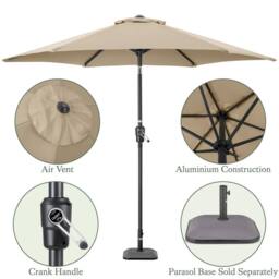 Christow 2.7m Tilting Garden Parasol Outdoor Umbrella Patio Sunshade With Crank in Brown - thumbnail 6