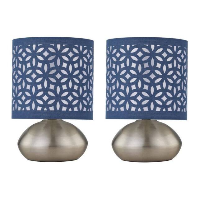 First Choice Lighting Set of 2 Jenson - Brushed Chrome Touch Table Lamps Blue Cut Out Shade in Silver - image 1