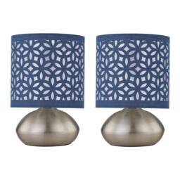 First Choice Lighting Set of 2 Jenson - Brushed Chrome Touch Table Lamps Blue Cut Out Shade in Silver - thumbnail 1