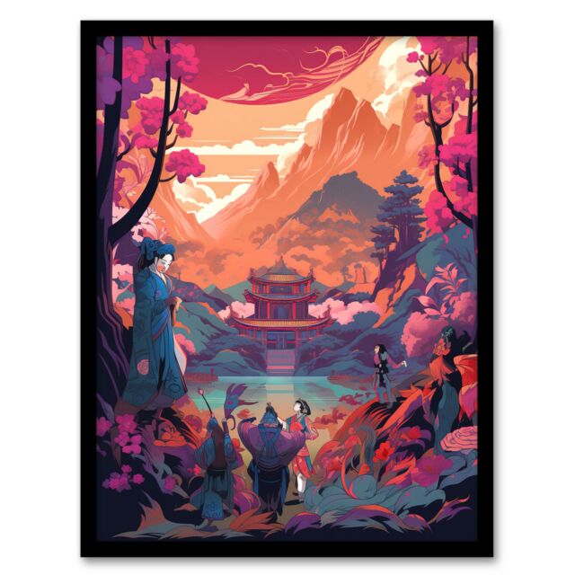 Artery8 Wall Art Print Traditional Kabuki Theatre Performance Scene Painting Vivid Pink Purple Orange Blue Temple in Dramatic Japan Mountain Lake - image 1