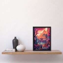 Artery8 Wall Art Print Traditional Kabuki Theatre Performance Scene Painting Vivid Pink Purple Orange Blue Temple in Dramatic Japan Mountain Lake - thumbnail 4