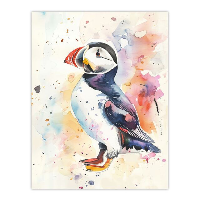 "Artery8 Cute Puffin Bird Colourful Watercolour Portrait Wall Art Print in White - Size: W24"" x H32""" - image 1