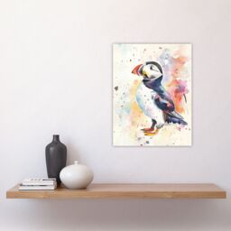 "Artery8 Cute Puffin Bird Colourful Watercolour Portrait Wall Art Print in White - Size: W24"" x H32""" - thumbnail 4